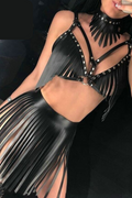 Elegantes Fransen Harness Set Schwarz – sexy 2-teiliges Outfit mit Nieten & Riem